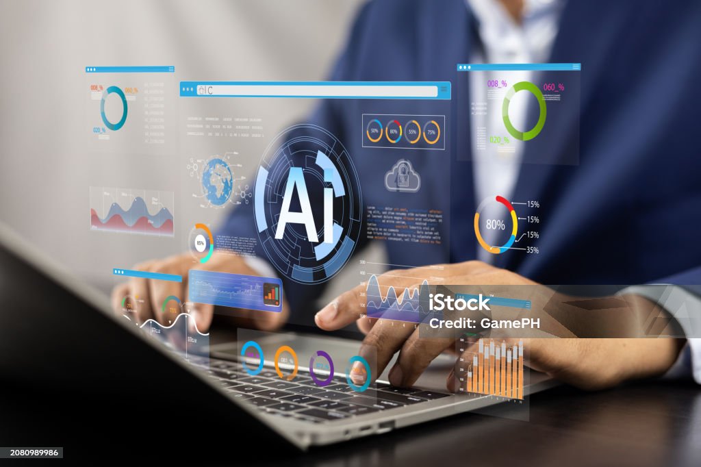 Businessman use artificial intelligence AI technology for enhanced work efficiency data analysis and efficient tools, Unlocking work potential with AI solutions chatbot help solve work problems.